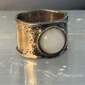Vintage Sterling Silver Wide Band Ring with Milky Opalite Cabochon